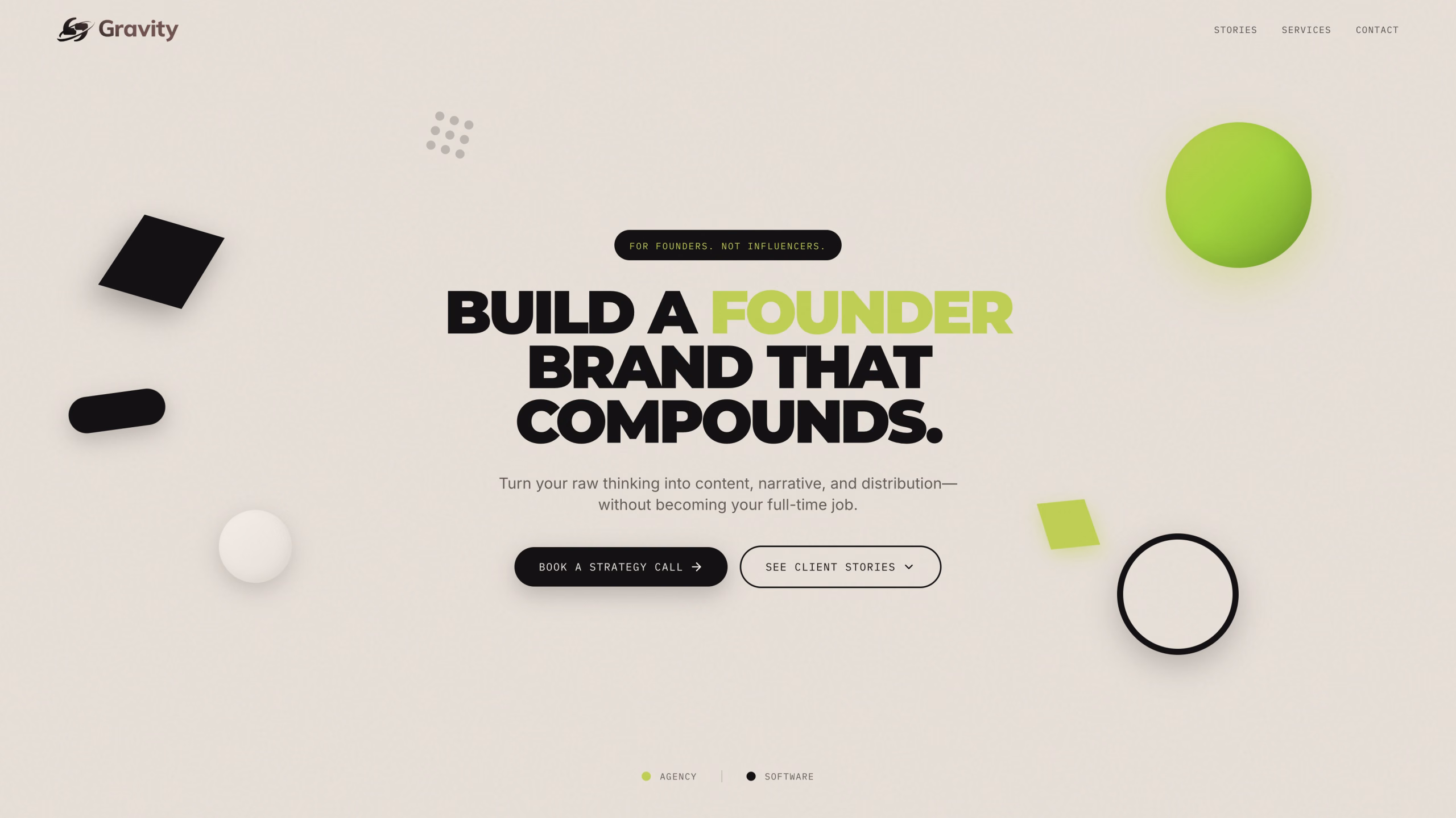 A landing page for GravityLinked, featuring a minimalist design with geometric shapes. The main message reads "BUILD A