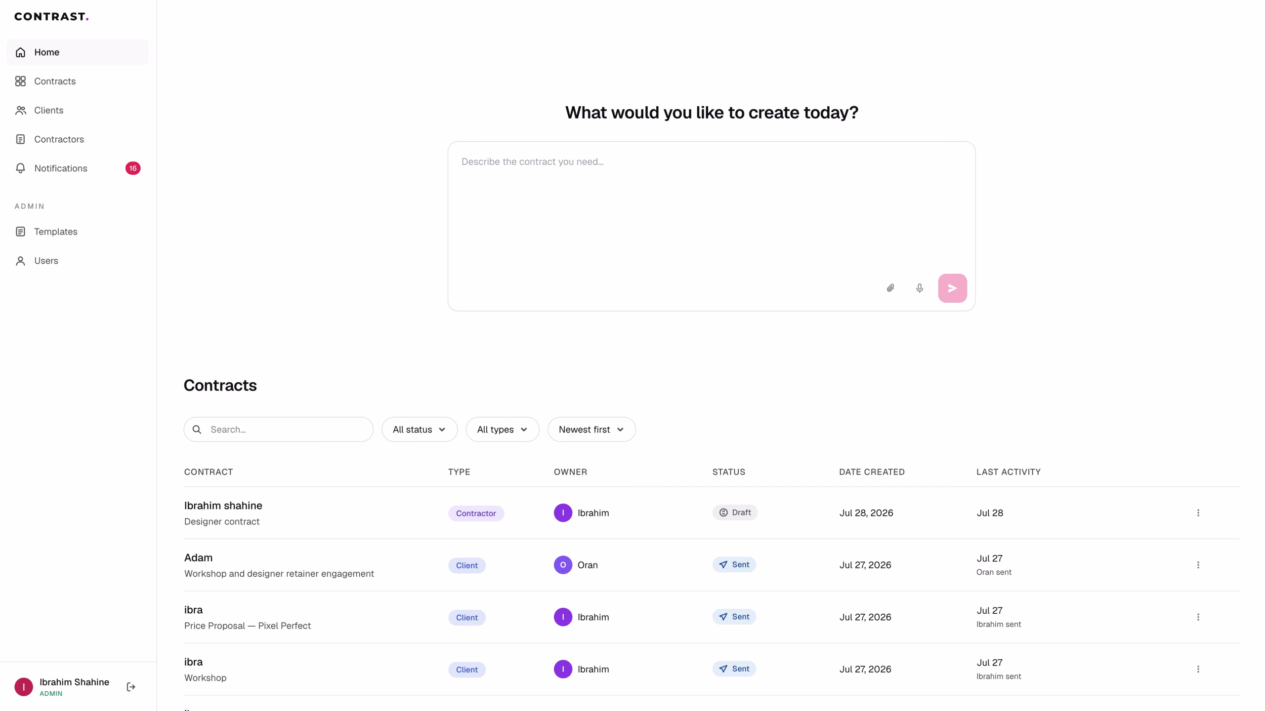 A web application interface for customer management, featuring sections for contracts, tasks, and AI agents, along with a